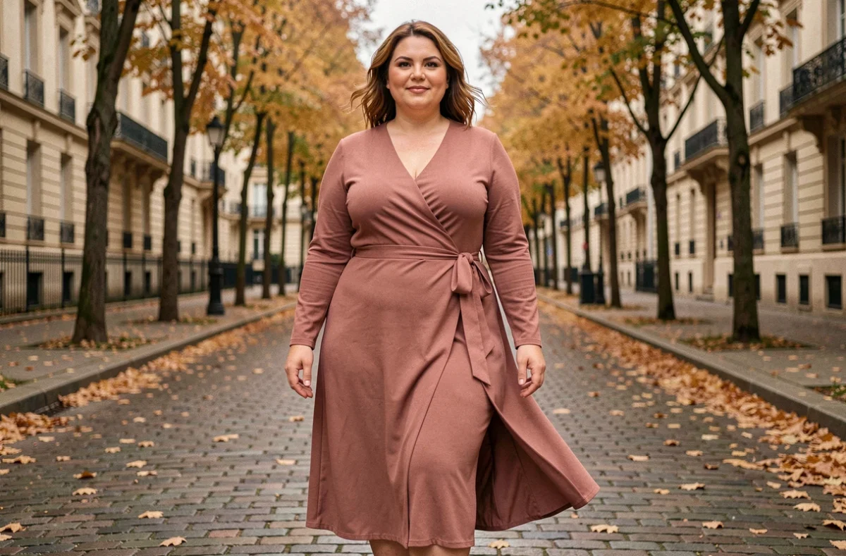 Femme ronde en robe portefeuille vieux rose à col en V dans une rue parisienne en automne, silhouette affinée au niveau du ventre