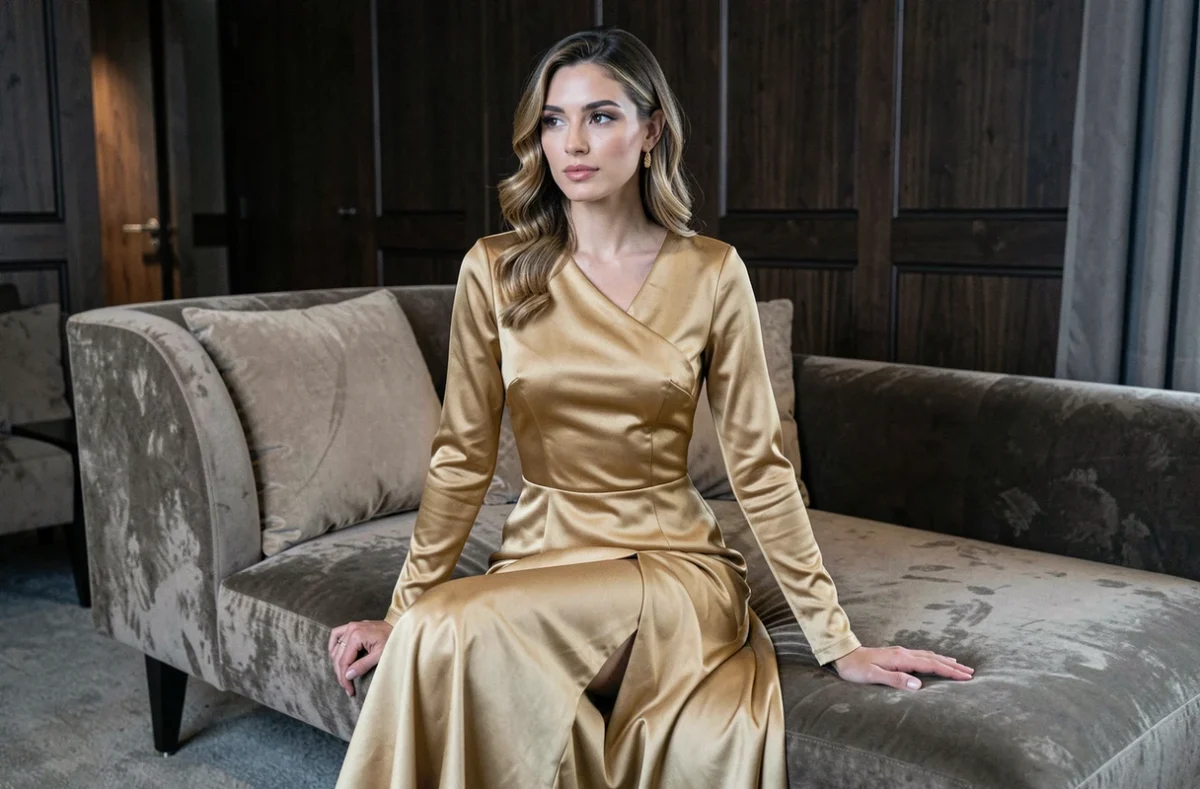 Femme élancée en robe de soirée dorée colonne assise sur chaise longue velours dans suite hôtelière luxueuse