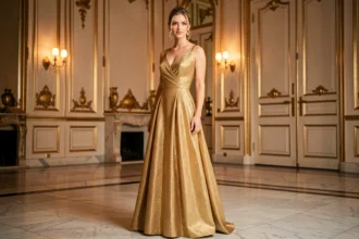 Femme en robe de soirée dorée longue dans un décor de bal parisien, morphologie mise en valeur par une coupe structurée