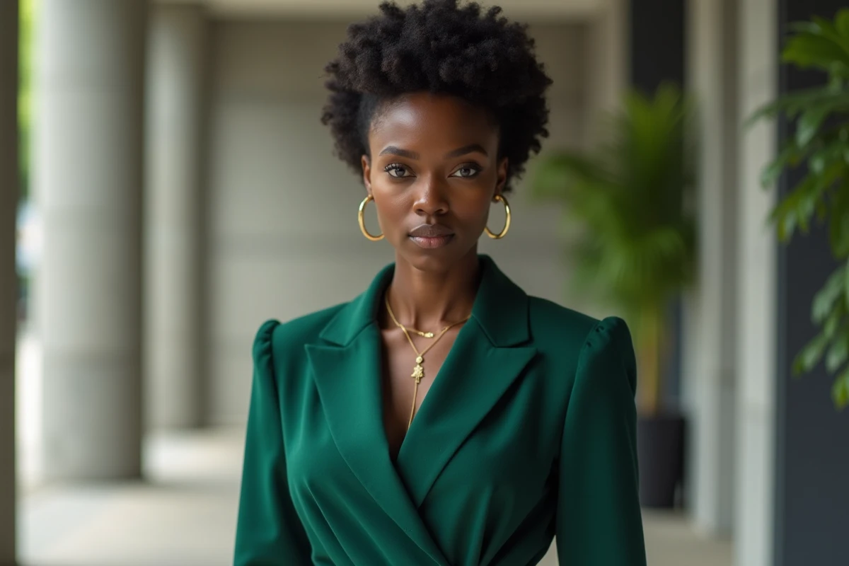 Femme à la peau ébène vêtue d'une robe blazer vert forêt en milieu urbain, démontrant l'association puissante entre le vert profond et les teints foncés