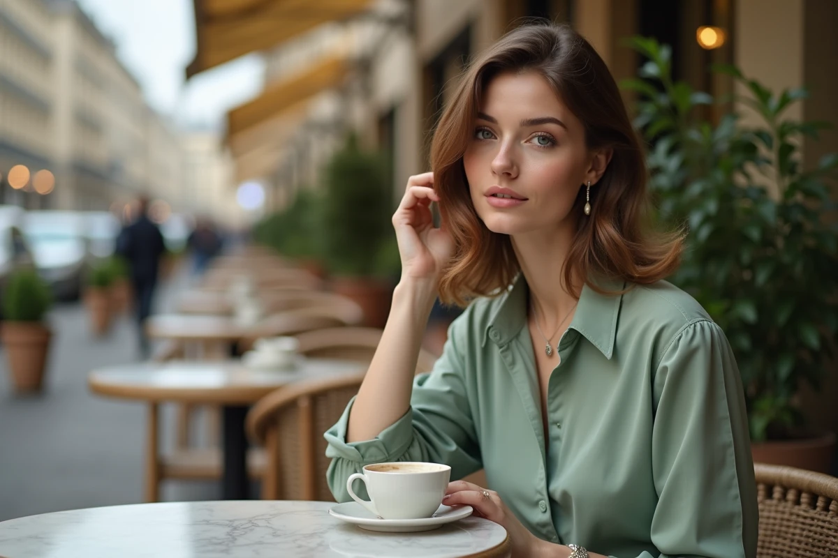 Femme à la peau claire en robe verte sauge assise en terrasse, illustrant les associations de couleurs flatteuses pour les teints froids