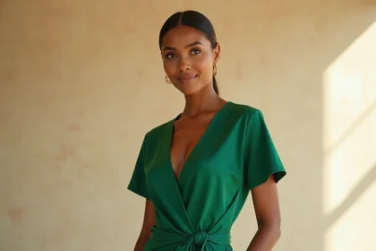 Femme à la peau dorée portant une robe verte émeraude, mettant en valeur l'harmonie entre la couleur verte et son teint naturel