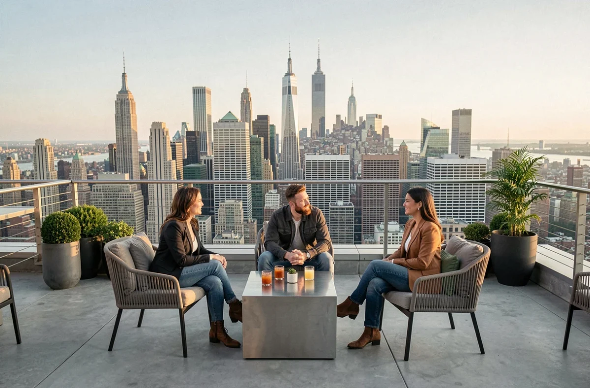 Groupe d'amis profitant de cocktails dans un rooftop bar avec vue panoramique sur les gratte-ciels de Manhattan