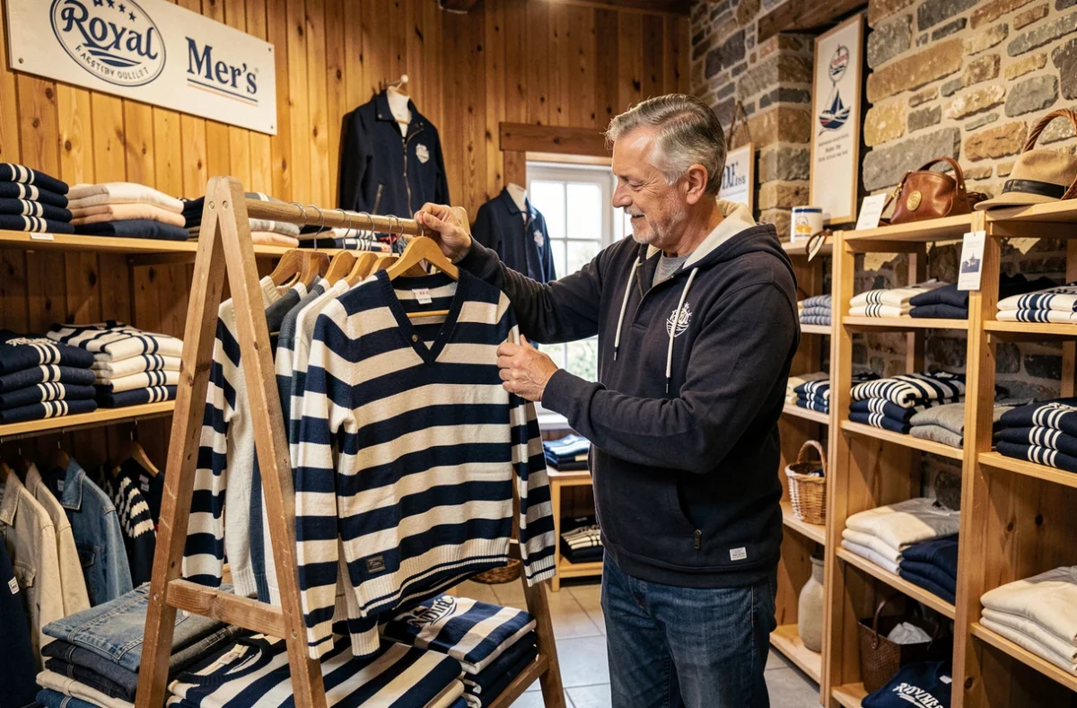 Homme inspectant un pull marinière traditionnel dans la boutique Royal Mer à La Regrippière