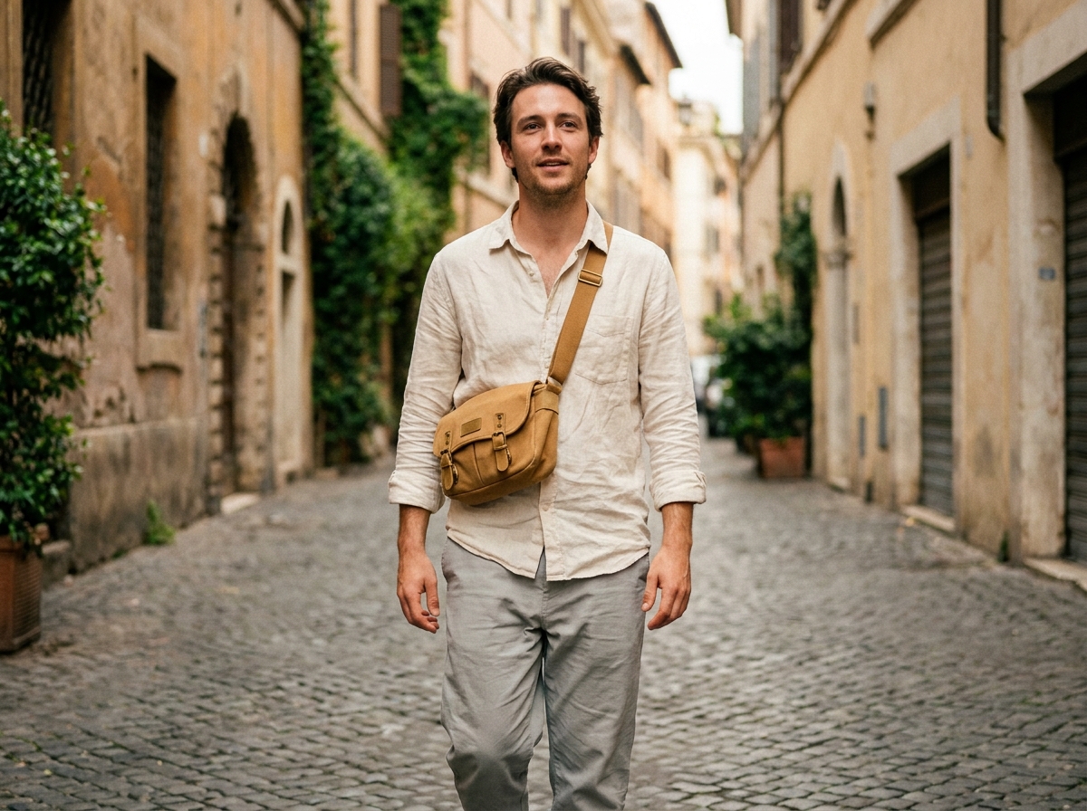 Homme en tenue décontractée portant un sac bandoulière structuré en camel dans une rue pavée, montrant comment un accessoire restructure une silhouette masculine