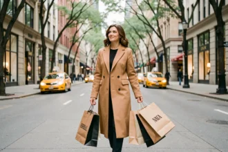 Femme élégante faisant du shopping sur la 5ème Avenue à New York, portant des sacs de luxe devant les vitrines emblématiques