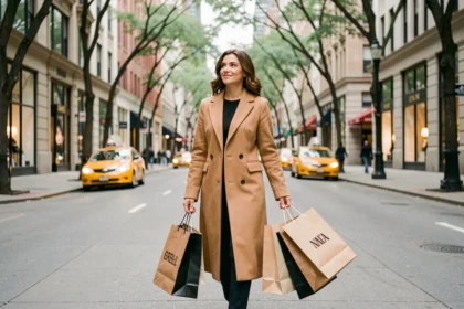 Femme élégante faisant du shopping sur la 5ème Avenue à New York, portant des sacs de luxe devant les vitrines emblématiques