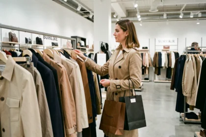 Femme élégante faisant du shopping dans un magasin outlet haut de gamme au Village des Marques de Miramas
