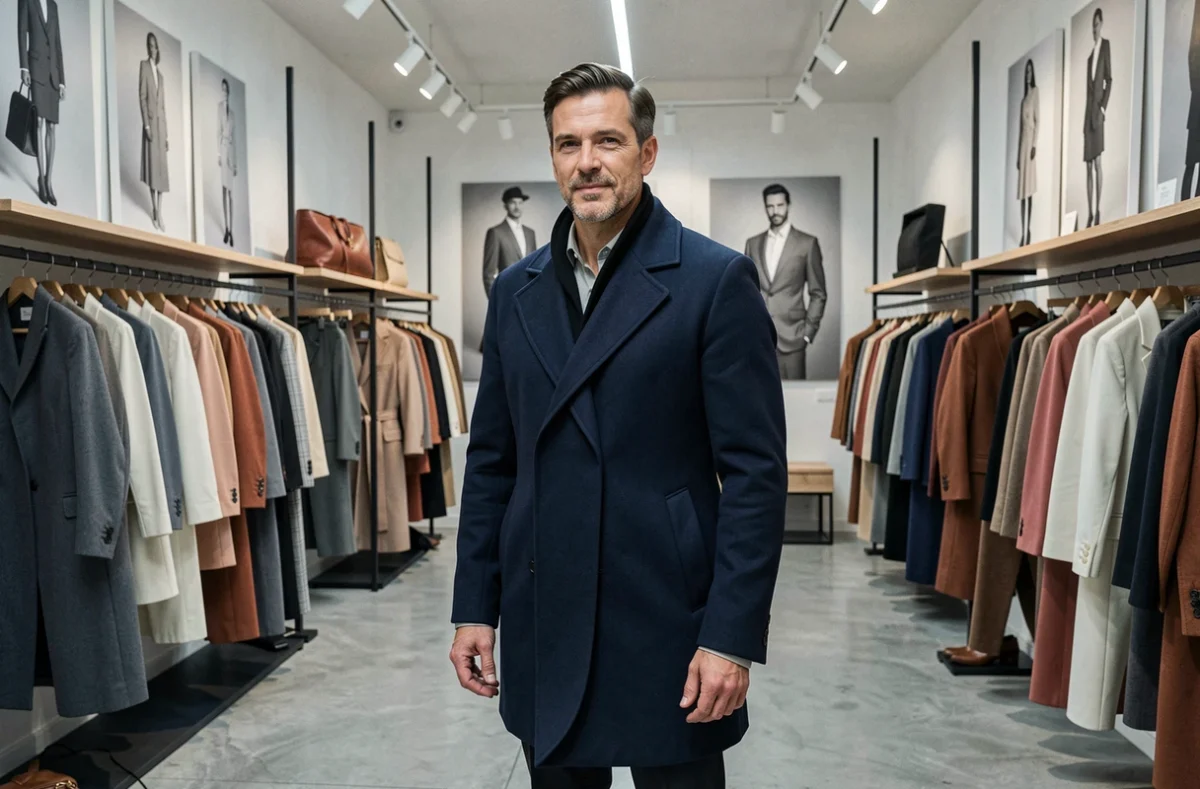 Créateur de mode posant dans son showroom élégant à Dijon parmi ses collections de vêtements sur mesure Laurent H.