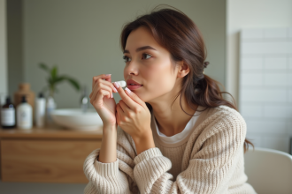Femme appliquant un baume à lèvres dans sa salle de bain