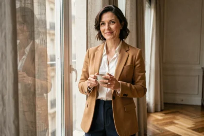Femme élégante de 40 ans portant un blazer camel et un pantalon marine dans un appartement parisien, style sophistiqué et féminin assumé
