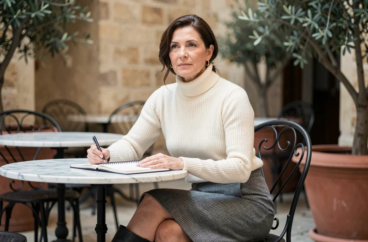 Femme de 45 ans en pull col roulé crème et jupe écossaise assise en terrasse de café, style élégant et contemporain après 40 ans