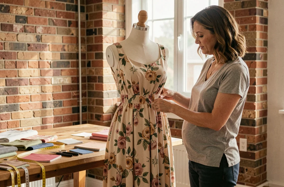 Styliste ajustant la coupe d'une robe fleurie empire sur un mannequin de couture dans un atelier, astuce pour éviter de marquer le ventre