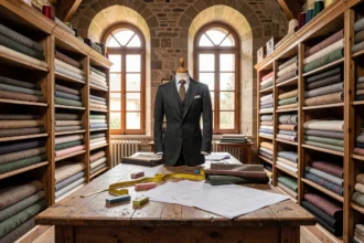 Vue d'ensemble d'un atelier de tailleur sur mesure en Bourgogne-Franche-Comté avec mannequin, étoffes et outils de couture