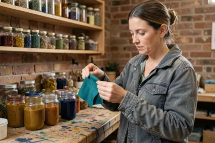 Femme artisane examinant un tissu polyester teint avec des colorants naturels dans un atelier textile durable