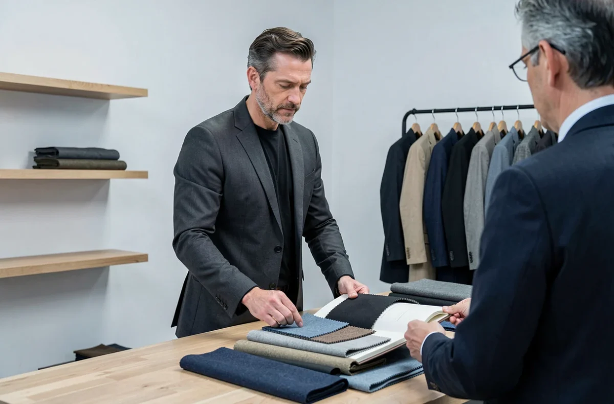 Tailleur présentant des échantillons de tissus à un client dans l'atelier Tinabes's à Dijon
