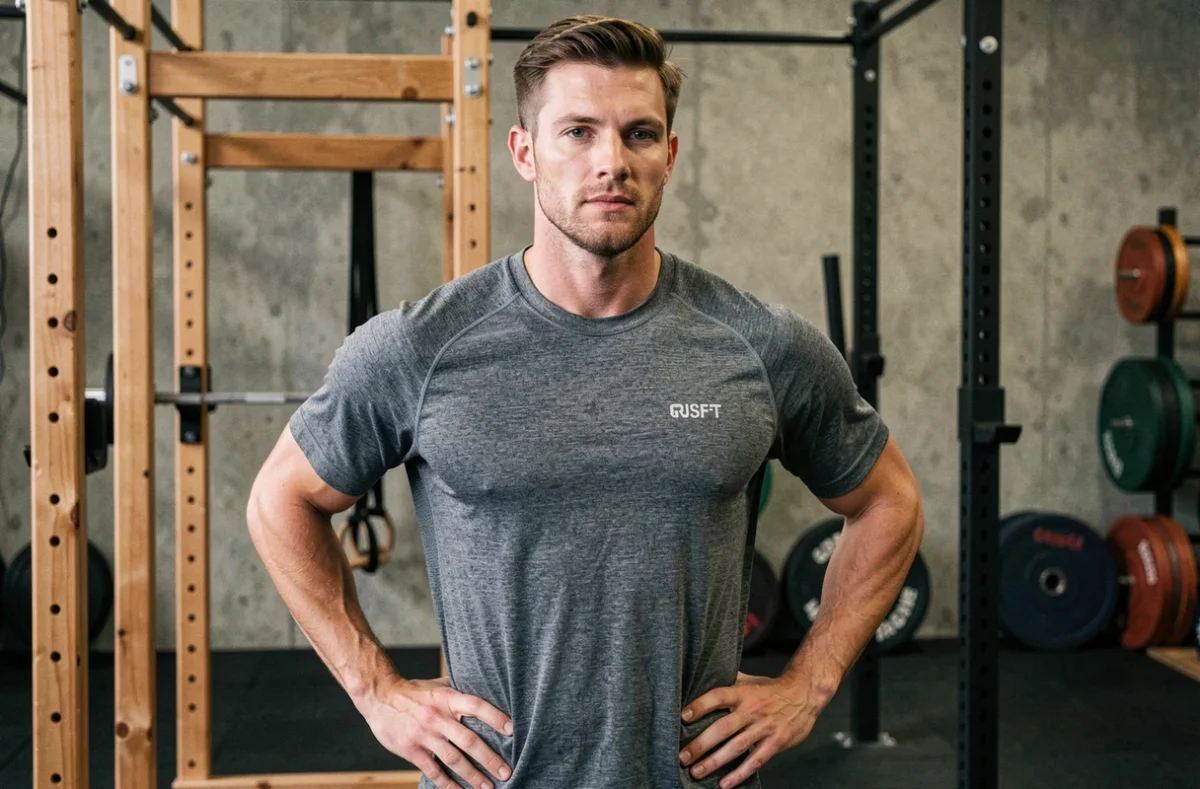 Sportif en t-shirt crossfit laine mérinos au repos entre deux exercices dans une salle de CrossFit avec structure de tractions en bois
