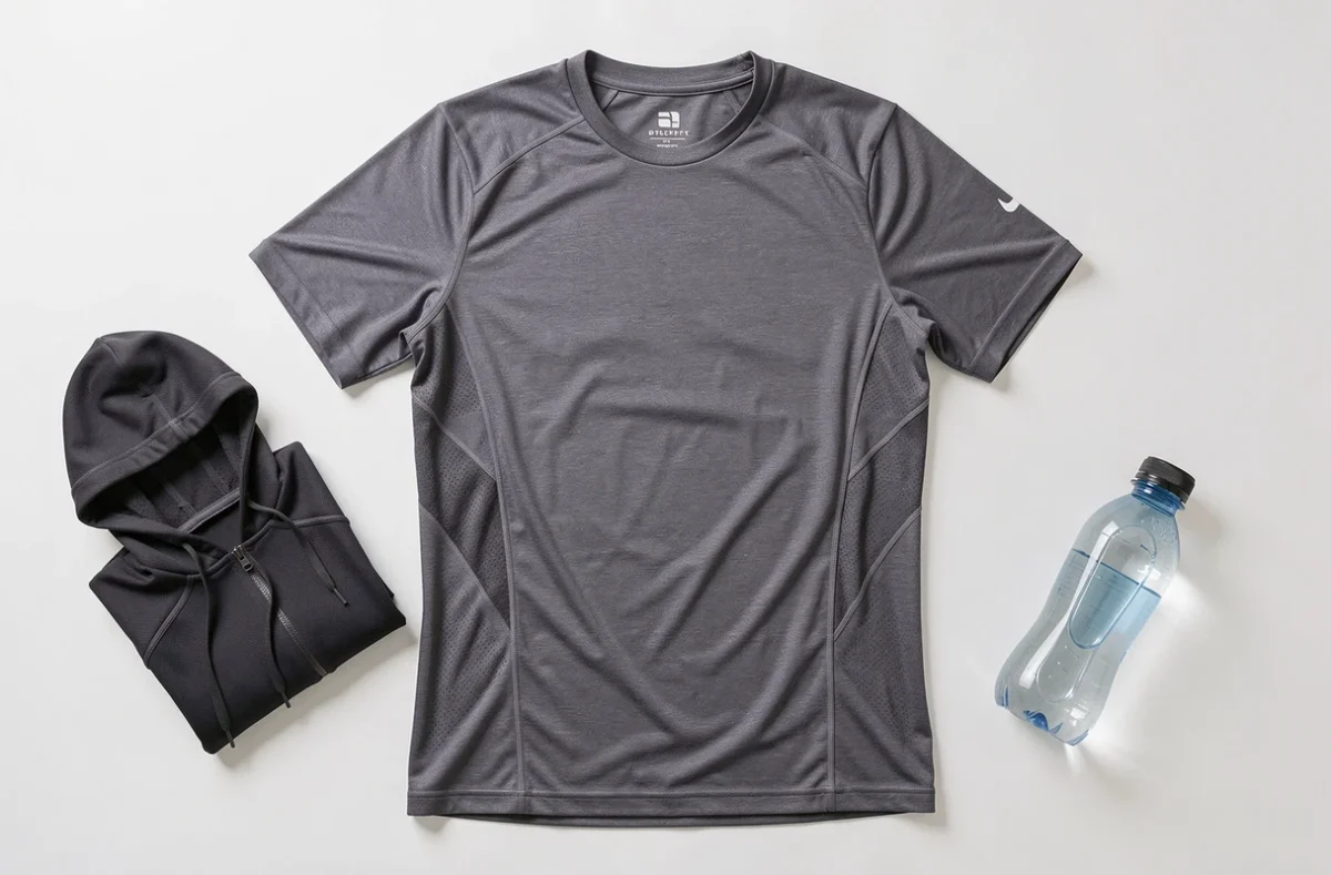 Flat lay d'un t-shirt crossfit homme en nylon élasthanne avec coutures collées et panneaux mesh, posé sur fond blanc avec accessoires de sport