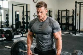 Homme musclé en t-shirt technique crossfit en polyester respirant lors d'un soulevé de terre dans une salle de functional fitness