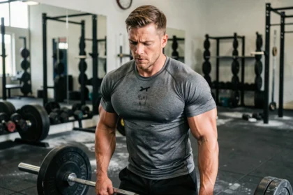 Homme musclé en t-shirt technique crossfit en polyester respirant lors d'un soulevé de terre dans une salle de functional fitness