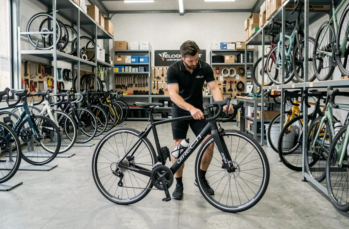 Cycliste inspectant un vélo dans le showroom de Vélo Direct Usine à Machecoul