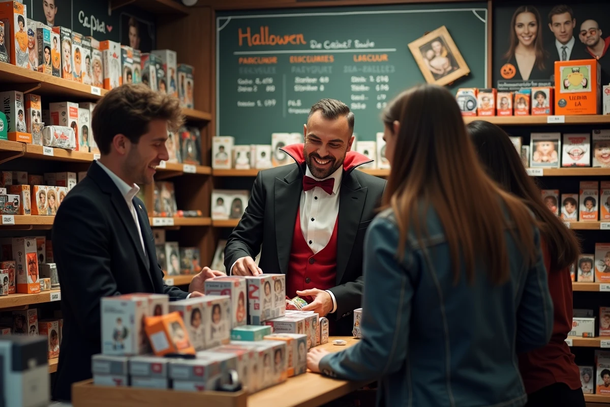 Vendeur en costume de vampire aidant un couple à choisir des accessoires Halloween dans une boutique de déguisements parisienne animée