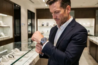 Homme en costume navy examinant une Rolex GMT-Master II dans une boutique horlogère haut de gamme pour vérifier son authenticité