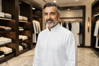 Homme arabe élégant en thobe blanc haute couture dans une boutique de vêtements arabes haut de gamme