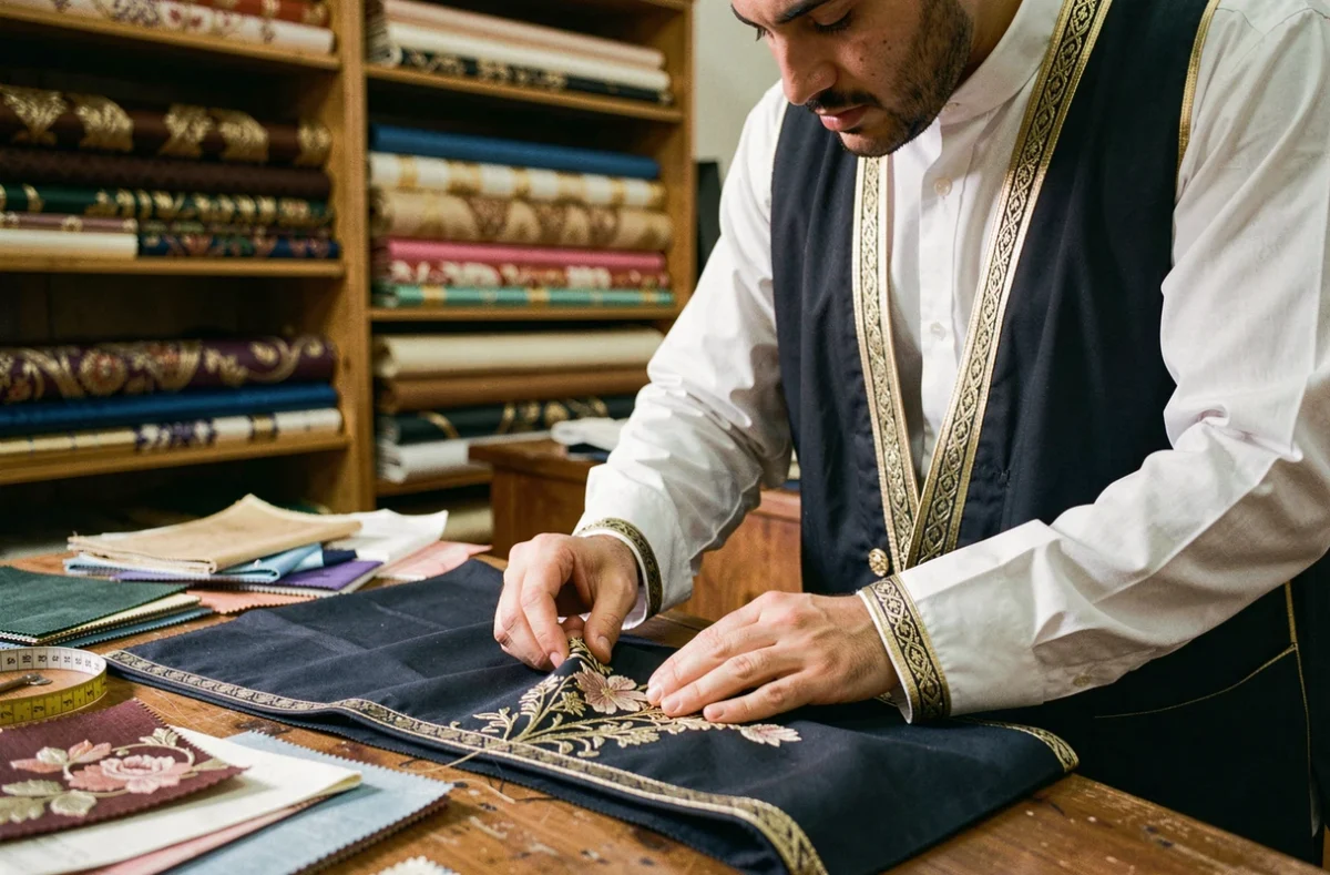 Homme arabe inspectant la qualité d'un bisht brodé or dans un atelier de couture traditionnelle
