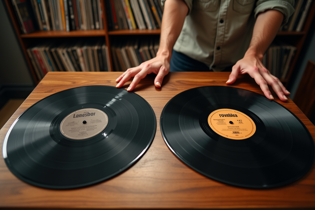 Deux disques vinyles avec mains dans un studio moderne