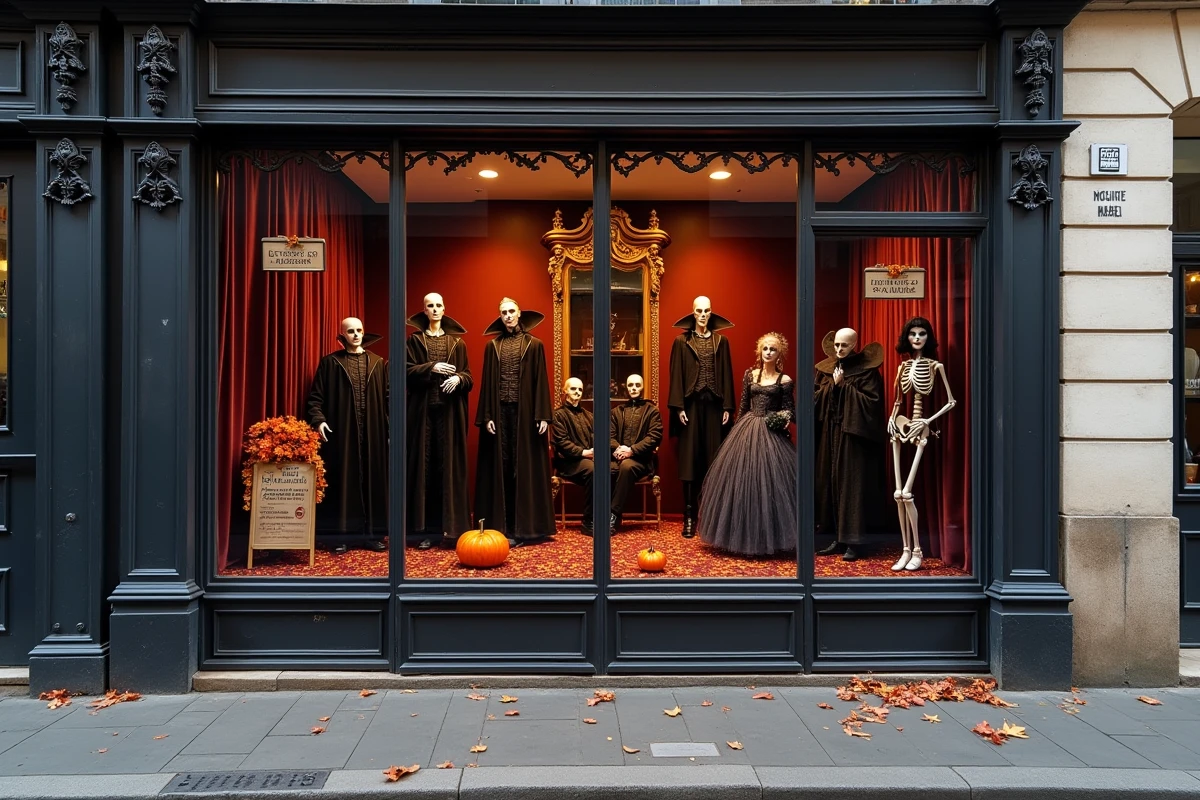 Vitrine d'un magasin de déguisements Halloween à Paris avec des costumes de dernière minute exposés sur fond de façade haussmannienne